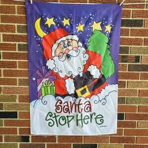 Christmas Santa Stop Here Porch Banner Flag Window Décor 28" X 39*"
